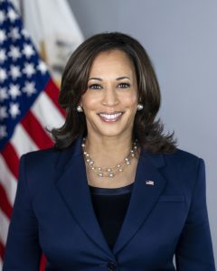 Vice President Kamala Harris in a blue inner shirt and blazer wearing pearl earrings and a necklace smiles while being photographed with the American flag at the back