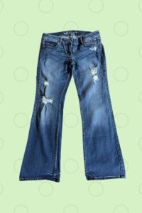 A blue denim tattered elephant jeans on a green background with circles