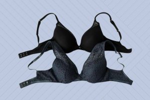 Thirdlove bras in black and blue color with underwire and adjustable straps placed on purple background