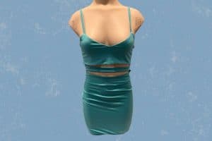 A blue-green cut-out spaghetti strap bodycon dress placed on a brown mannequin