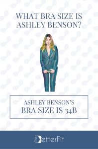 Graphic image of Ashley Benson with 34B bra size wearing a green trouser suit
