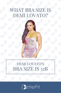 Graphic image of Demi Lovato with 32B bra size wearing a spaghetti strap dress and a white belt