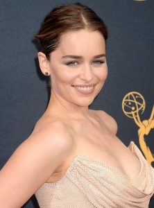 Emilia Clarke wearing a nude Atelier Versace gown at Emmy awards