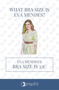 Graphic image of Eva Mendes with 32C bra size wearing checkered long sleeves with leopard print belt