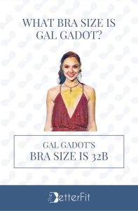 Graphic image of Gal Gadot with 32B bra size wearing a red v-neck spaghetti strap dress