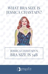 Graphic image of Jessica Chastain with 34B bra size wearing a plunging blue lace dress