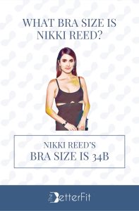 Graphic image of Nikki Reed with 34B bra size wearing a black spaghetti strap dress