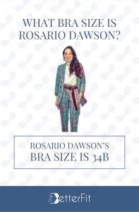 Graphic image of Rosario Dawson with 34B bra size wearing a white blouse and checkered long sleeves and pants