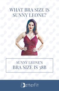 Graphic image of Sunny Leone with a bra size of 38B wearing a red spaghetti strap dress