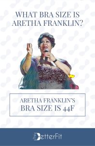 Graphic image of Aretha Franklin with 44F bra size wearing a black gown with sequin while holding a mic