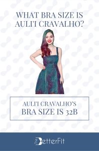 Graphic image of Auli'i Cravalho with 32B bra size wearing a black embroidered dress