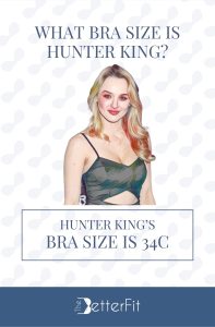 Graphic image of Hunter King with 34C bra size wearing a black spaghetti strap dress