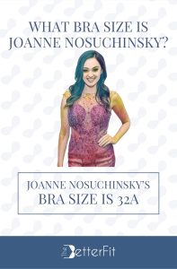 Graphic image of Joanne Nosuchinsky with 32A bra size wearing a red dress with sequin
