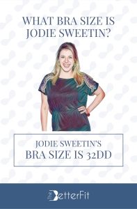 Graphic image of Jodie Sweetin with 32DD bra size wearing a short sleeve black dress