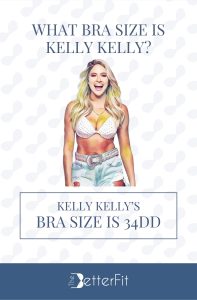Graphic image of Kelly Kelly with 34DD bra size wearing a white bra and denim shorts