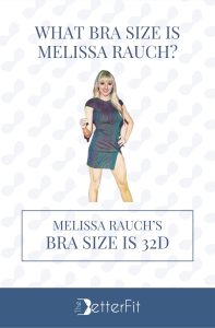 Graphic image of Melissa Rauch with 32D bra size wearing a mini dress with a slit on the side
