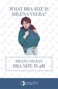 Graphic image of Milena Velba with 48J bra size wearing a green long-sleeved top and denim jeans