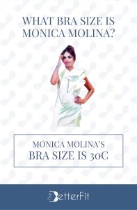 Graphic image of Monica Molina with 30C bra size wearing a white mini dress