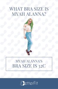 Graphic image of Myah Alanna with 32C bra size wearing a white off-shoulder crop top and blue denim jeans