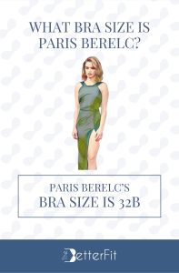 Graphic image of Paris Berelc with 32B bra size wearing a green sleeveless dress with a high slit