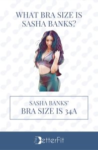 Graphic image of Sasha Banks with 34A bra size wearing a sports bra and black leggings