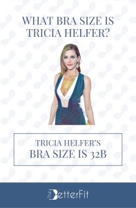 Graphic image of Tricia Helfer with 32B bra size wearing a v-neck sleeveless dress