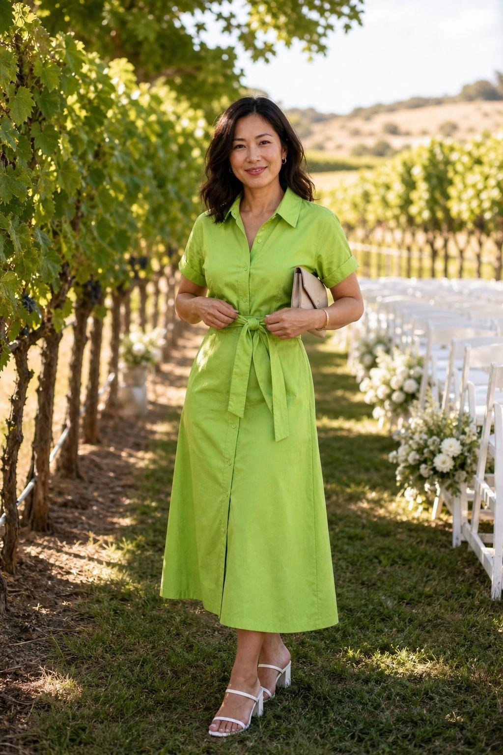 apple green belted shirt dress with white sandals at a daytime vineyard wedding (option 1)