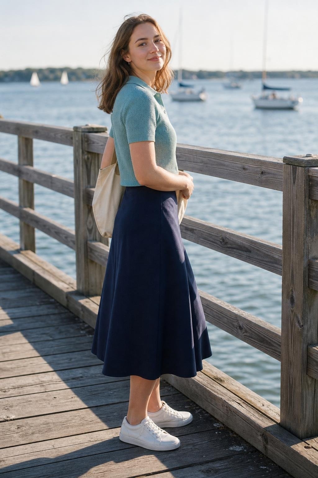 Aqua knit polo, navy A-line midi skirt, white sneakers, canvas tote, sunny boardwalk afternoon (option 2)