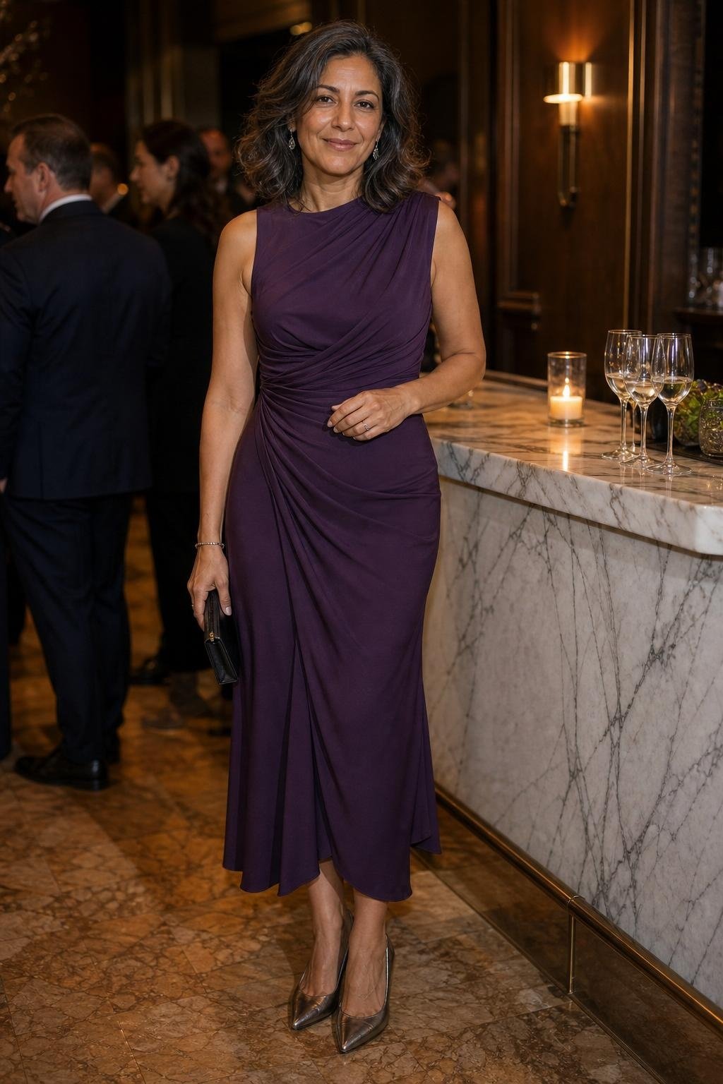 Aubergine draped midi dress with gunmetal heels in an elegant city restaurant reception (option 1)
