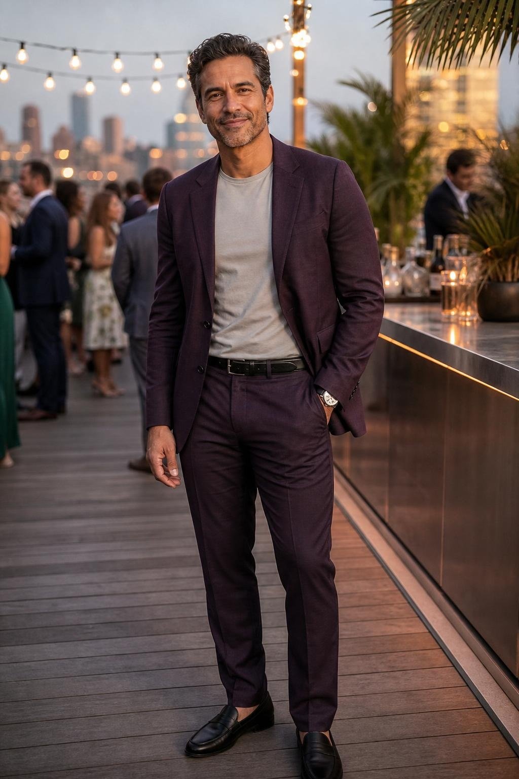 Aubergine lightweight suit, pale gray T-shirt, black loafers, stylish rooftop summer wedding (option 1)