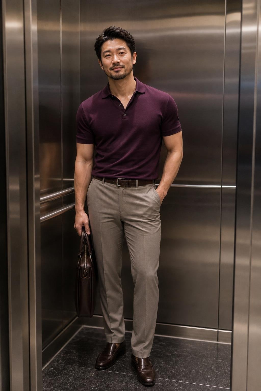 Aubergine mercerized polo, taupe dress pants, dark brown loafers, polished office elevator scene (option 1)