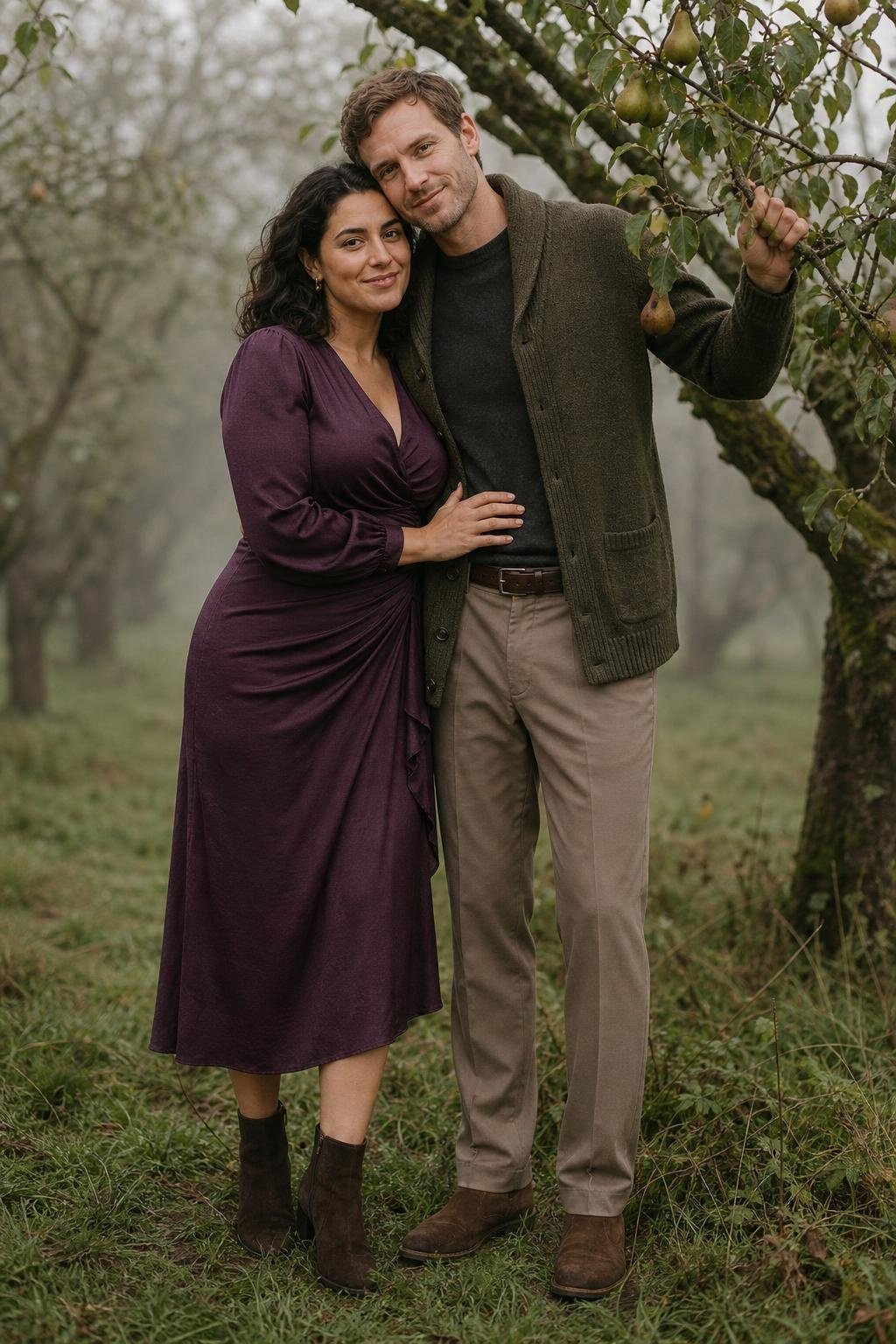 Aubergine midi dress, moss cardigan, taupe trousers, suede boots, moody orchard family portrait (option 2)