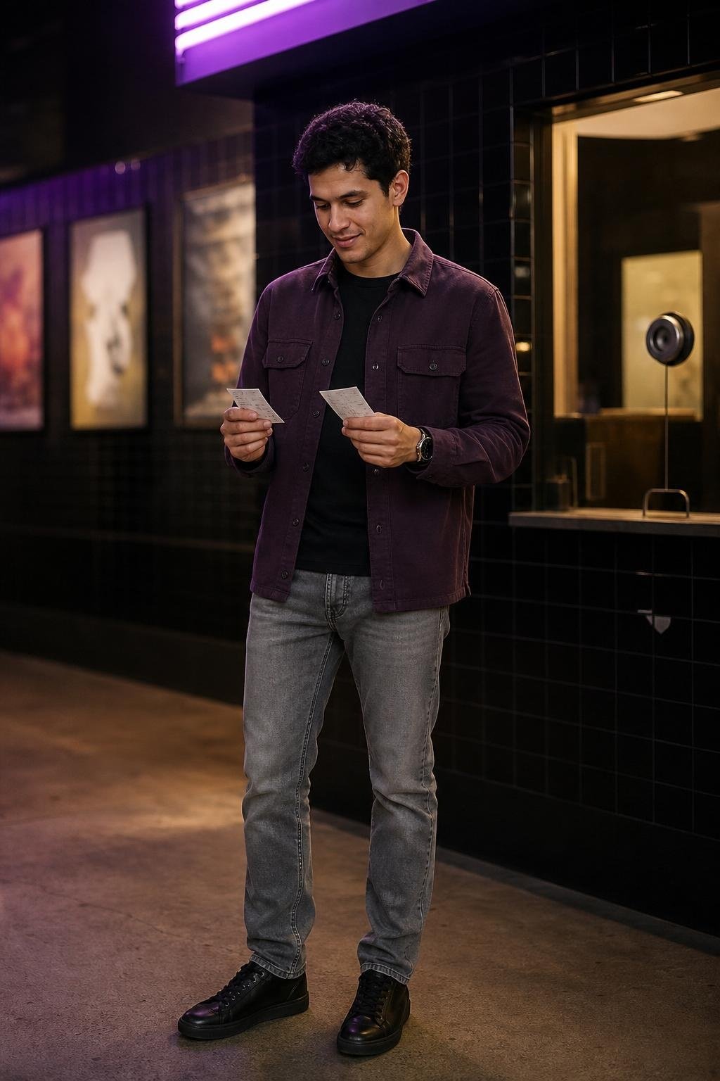 Aubergine overshirt, black tee, washed gray jeans, black leather sneakers, indie cinema date with moody lobby lighting (option 2)