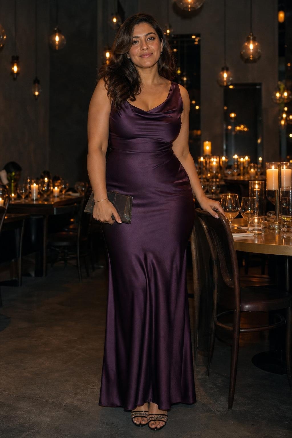 Aubergine satin bias-cut gown, black crystal sandals, smoky clutch, candlelit restaurant reception (option 2)