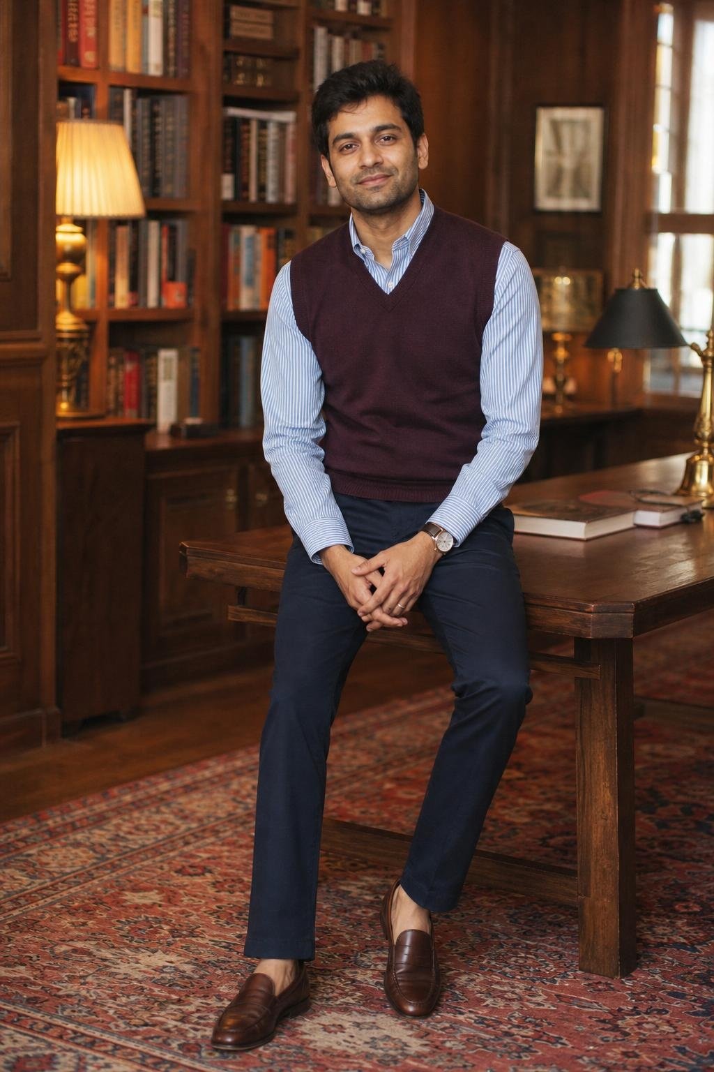 Aubergine sweater vest, blue striped shirt, navy chinos, brown loafers, library family portrait (option 2)
