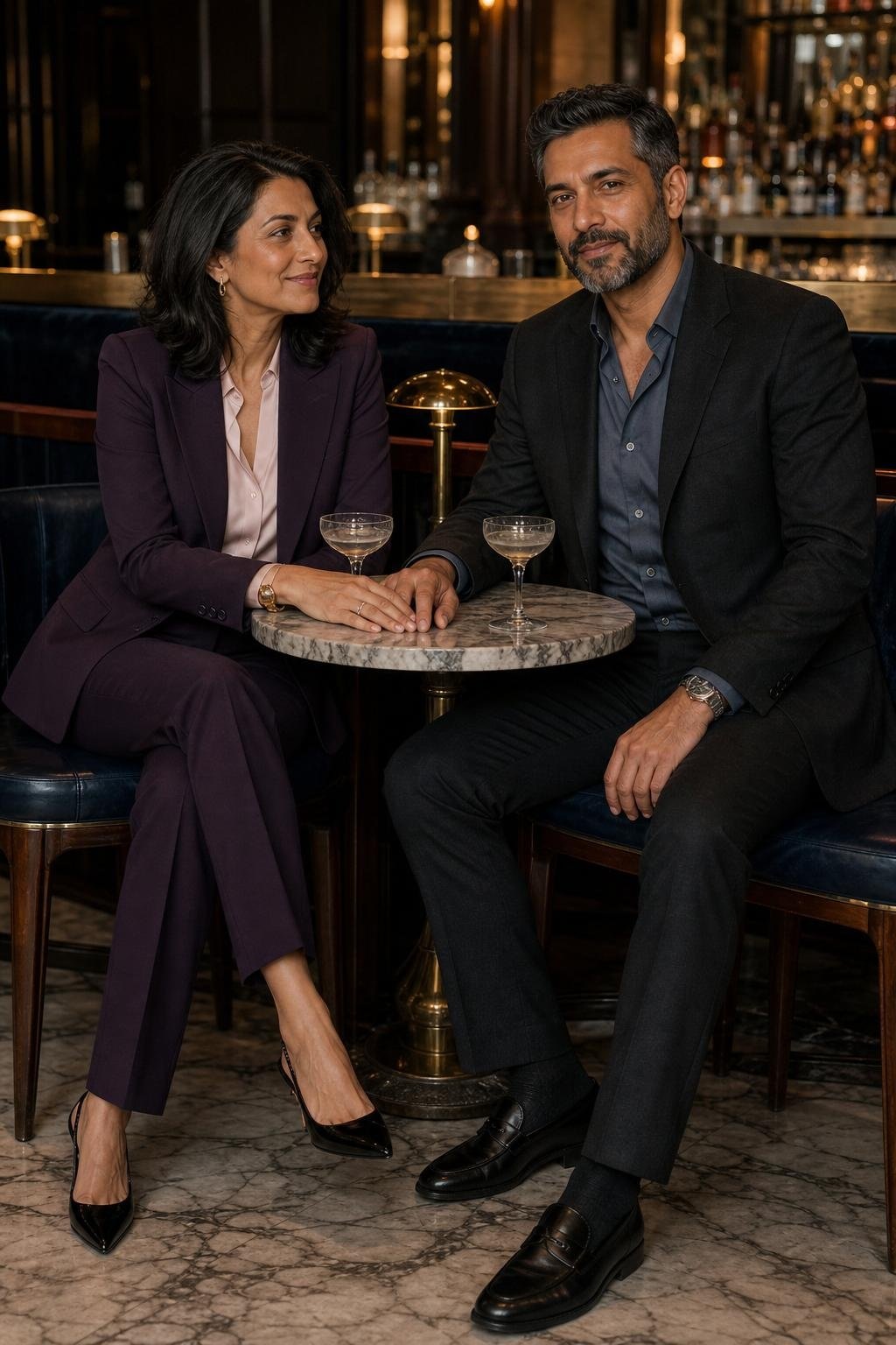 Aubergine tailored suit with pale pink blouse in an elegant hotel bar (option 2)