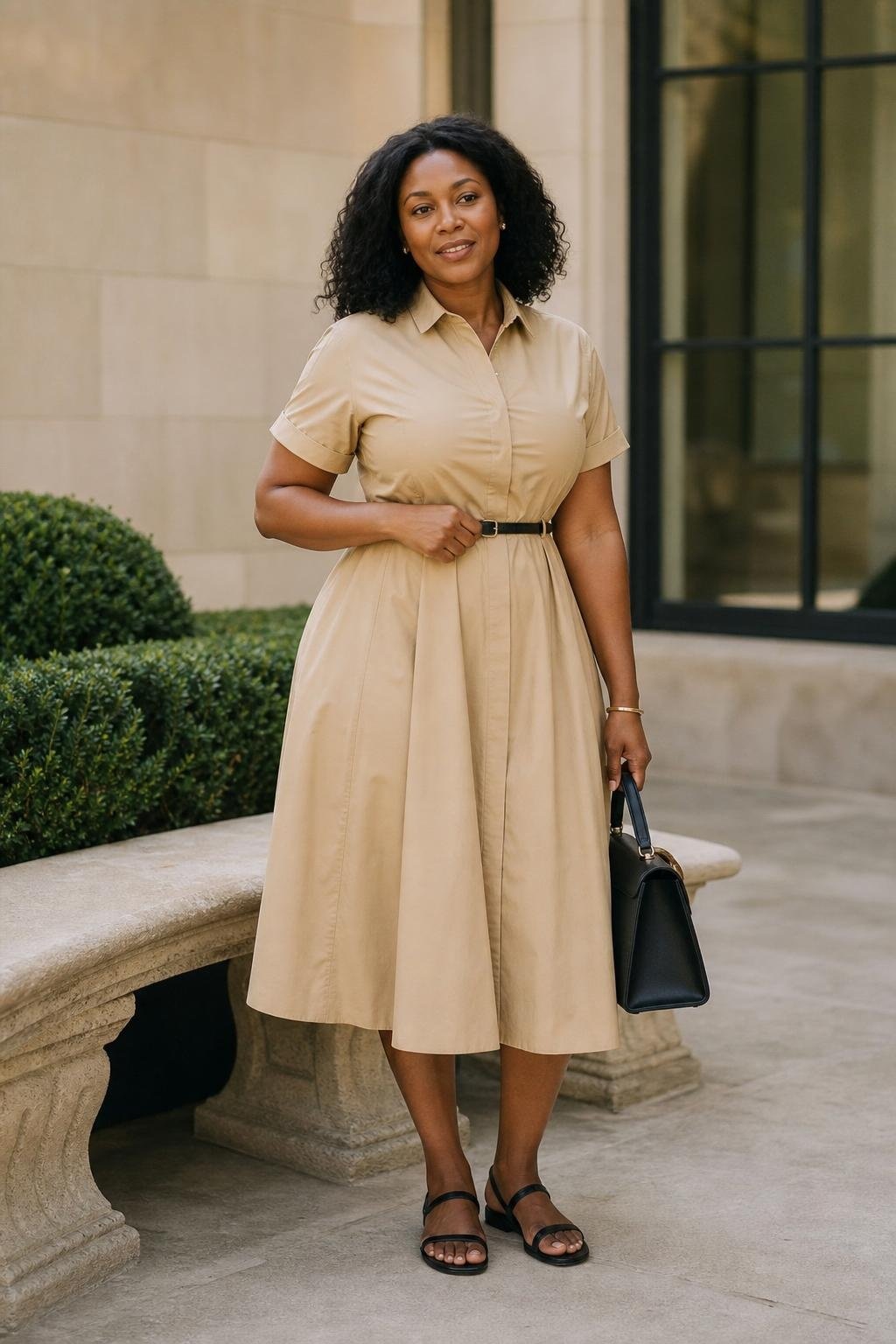 beige cotton shirt dress, flat black sandals, slim belt, structured black bag, museum courtyard (option 2)