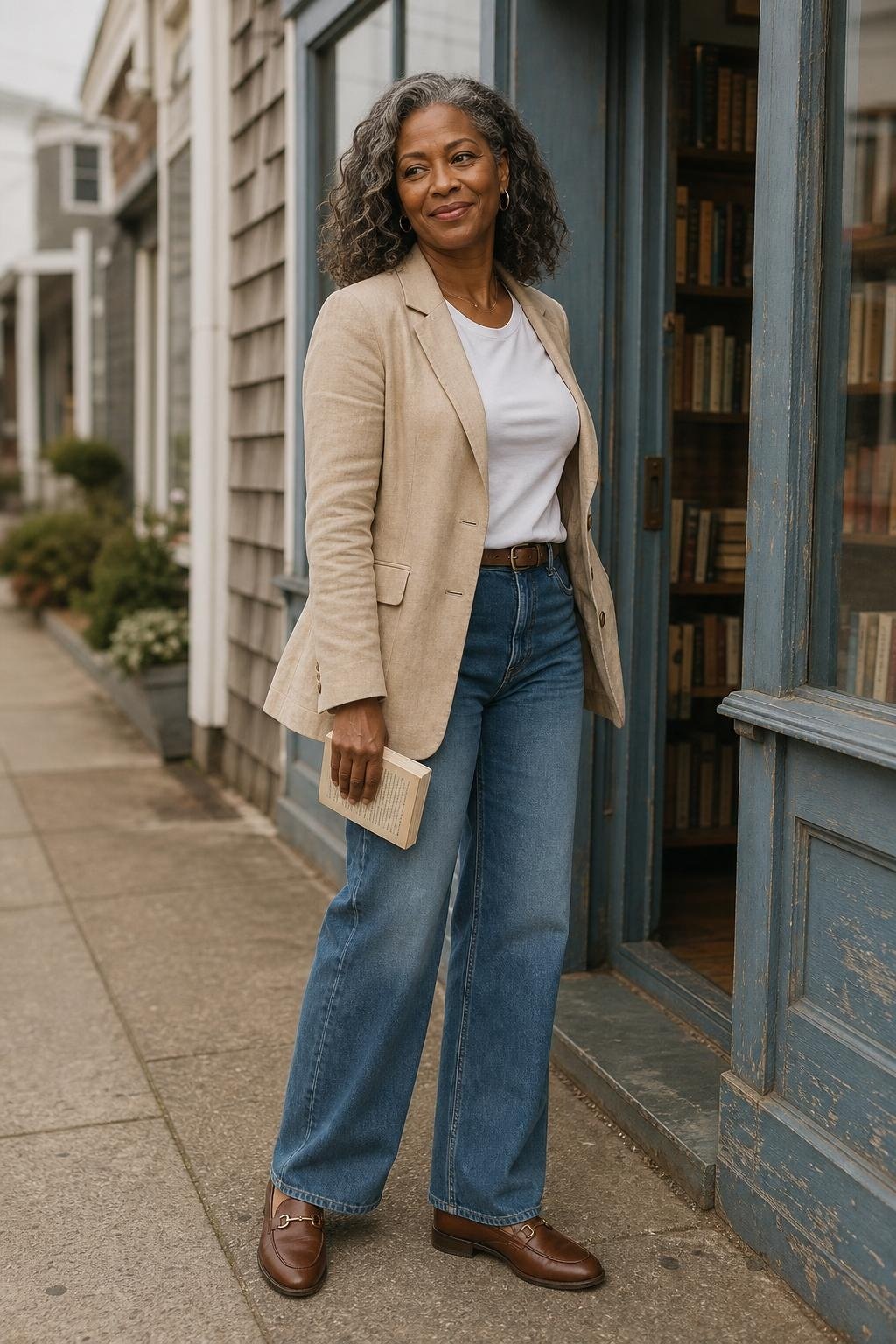 Beige linen blazer, white crewneck tee, relaxed blue jeans, loafers outside a bookstore (option 1)