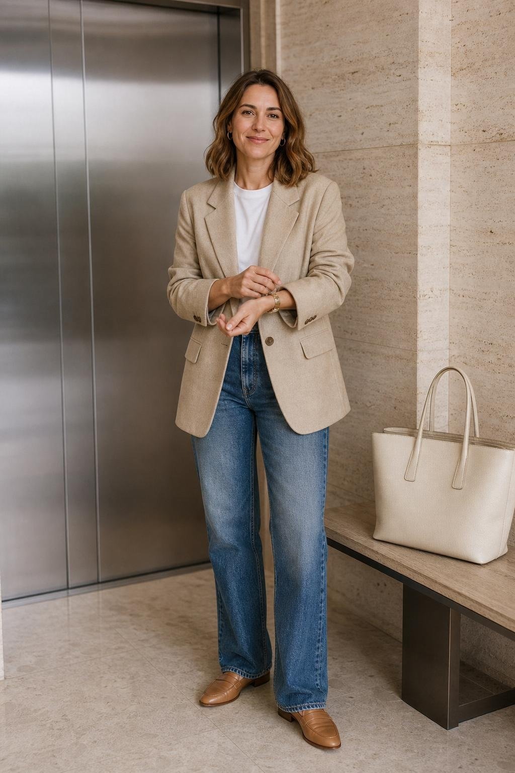 beige relaxed blazer, white crewneck tee, vintage blue jeans, tan loafers, office elevator lobby (option 2)