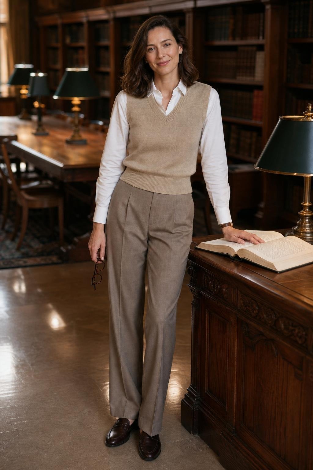 Beige sweater vest, white button-down, tailored taupe trousers, loafers, reading room with scholarly classic mood (option 2)