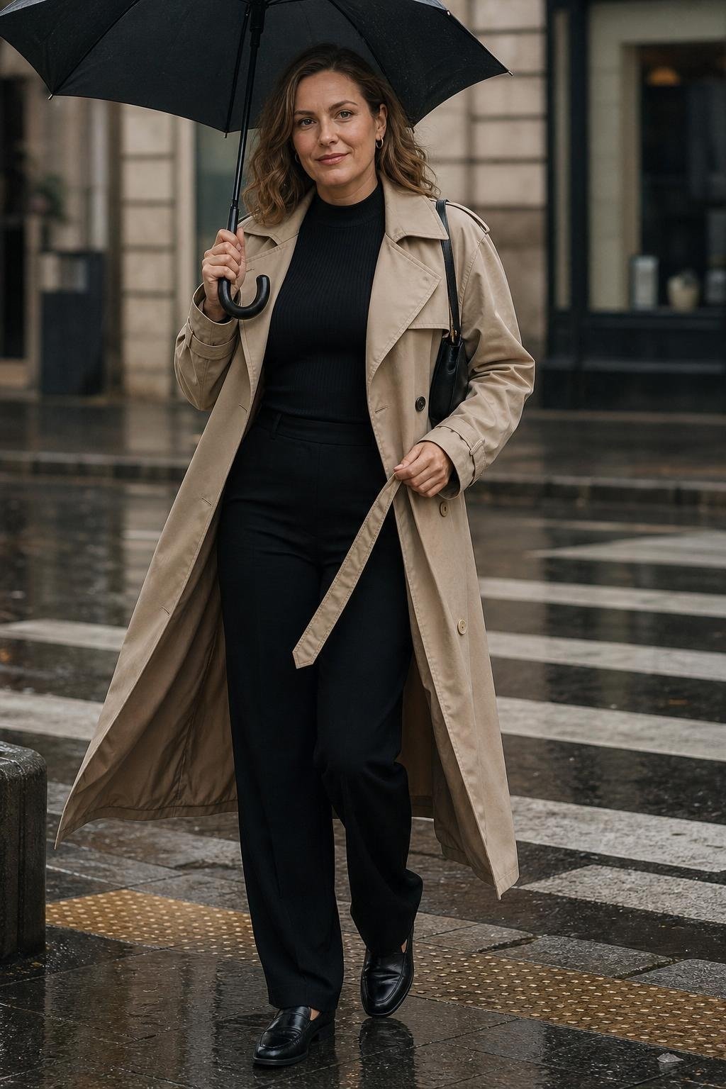 Beige trench coat over black column outfit, loafers, umbrella, rainy city crosswalk mood (option 2)