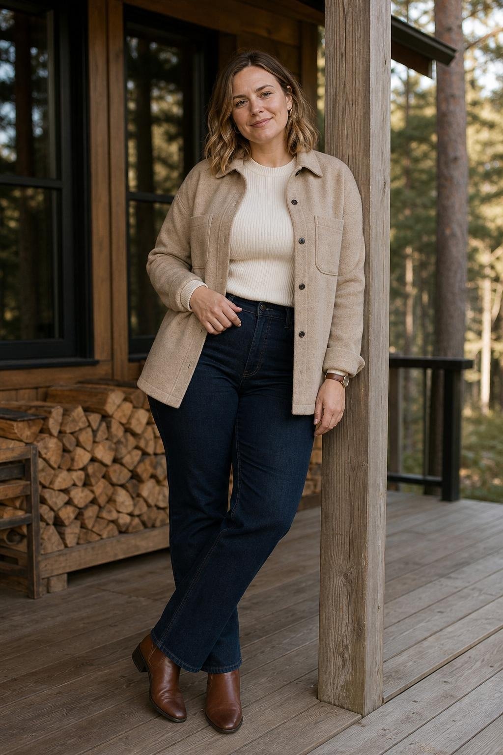 Beige wool shirt jacket, cream knit, dark straight jeans, brown ankle boots, weekend cabin porch (option 1)