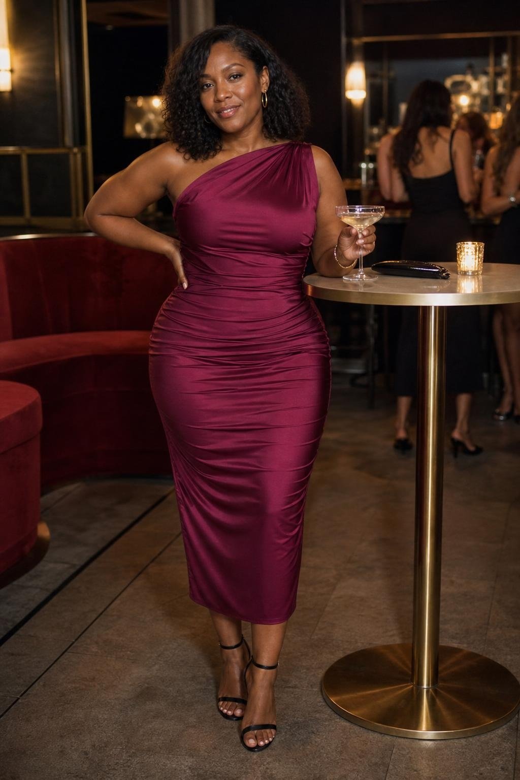 berry ruched midi dress with black ankle strap heels at a cocktail reception (option 2)