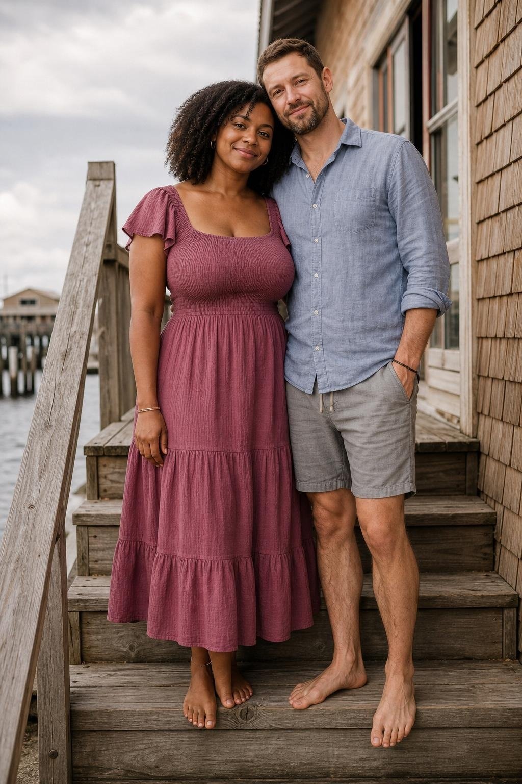 Berry smocked dress, chambray shirt, driftwood gray shorts, barefoot pier-side beach portraits (option 2)