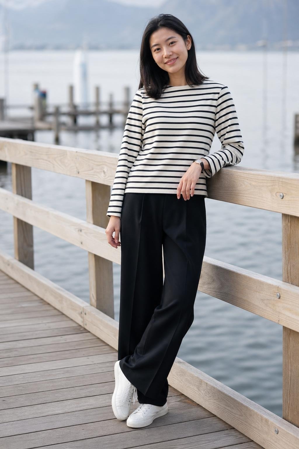 Black and cream striped Breton top, wide-leg black pants, white sneakers, waterfront boardwalk in soft light (option 2)