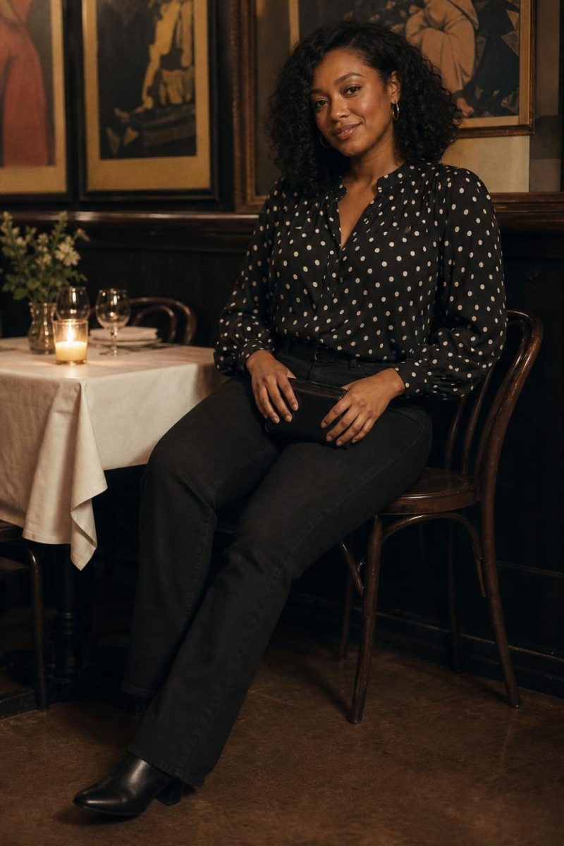 Black and white polka dot blouse, black straight jeans, low black heels, clutch at a small restaurant table (option 2)