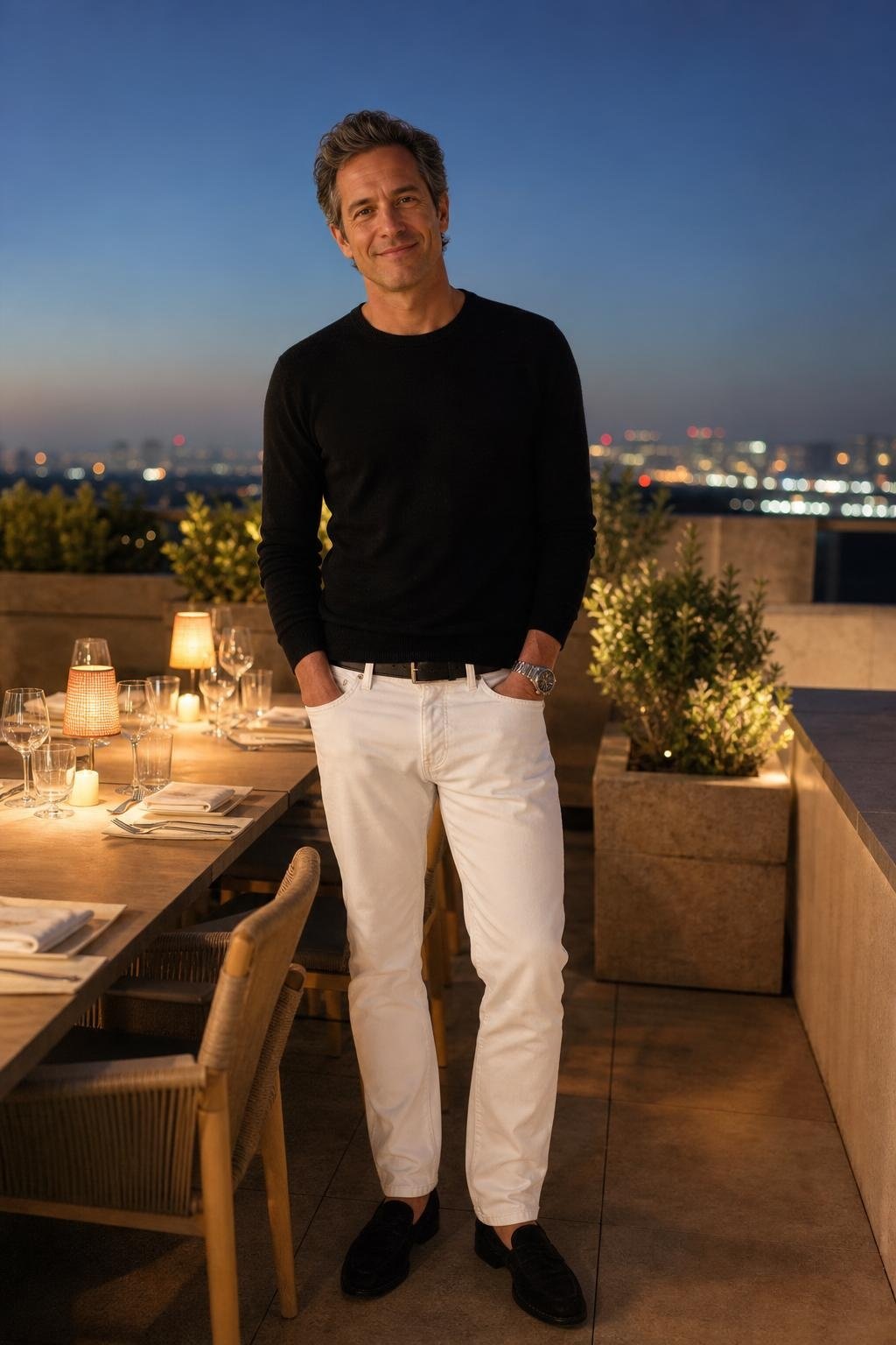 Black cashmere crewneck, white denim jeans, black suede loafers, modern terrace dinner at dusk (option 2)