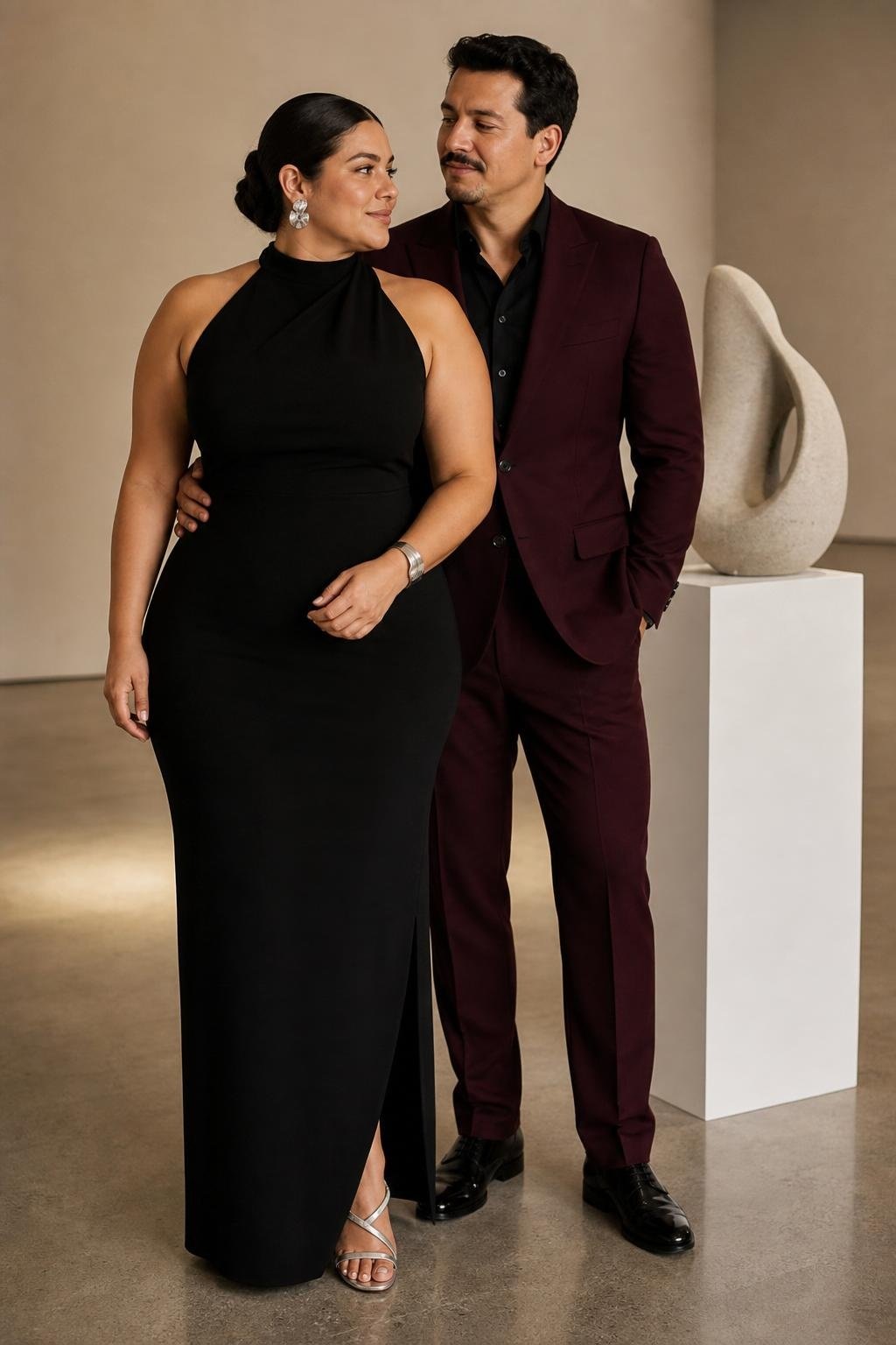 Black column dress with silver heels in a minimalist art gallery setting (option 1)