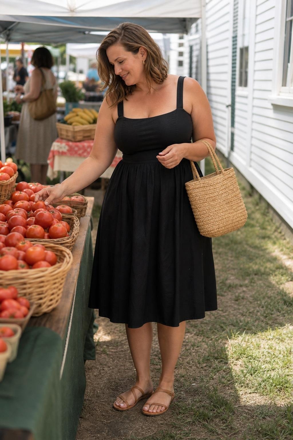 Black cotton sundress with flat leather sandals and woven tote, farmers market morning (option 2)