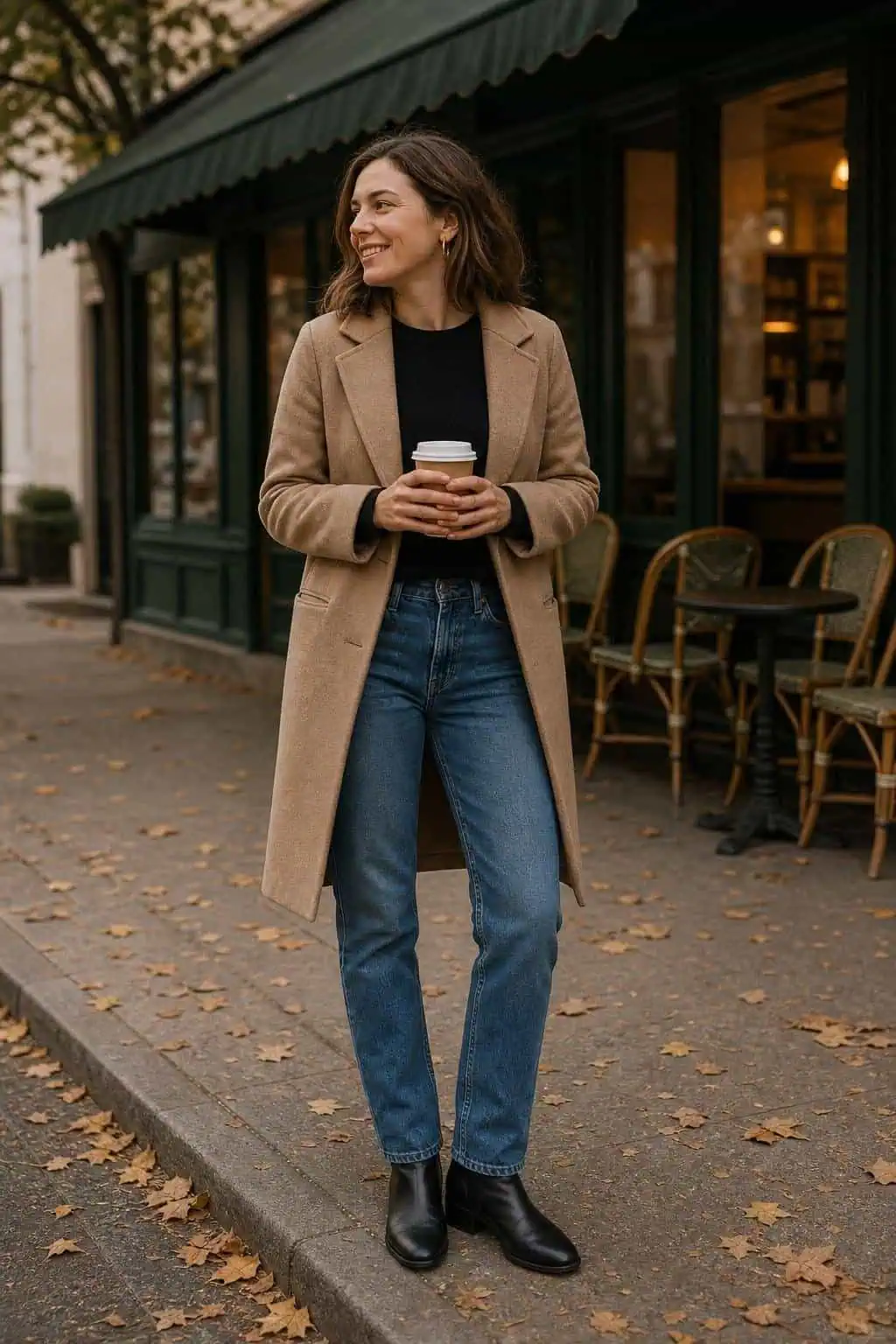 Black crewneck sweater, medium blue straight jeans, tan wool coat, black ankle boots outside a coffee shop (option 2)